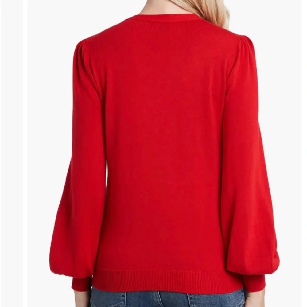 Cece’s Bow Neck Blouson Sleeve Cotton Blend Red Sweater,Large - Picture 5 of 9
